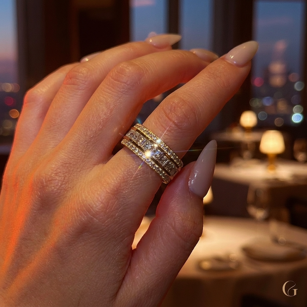 8mm Men’s Diamond Bevelled Edge Band  Channel Set Princess Cut White Stone In Gold Plating