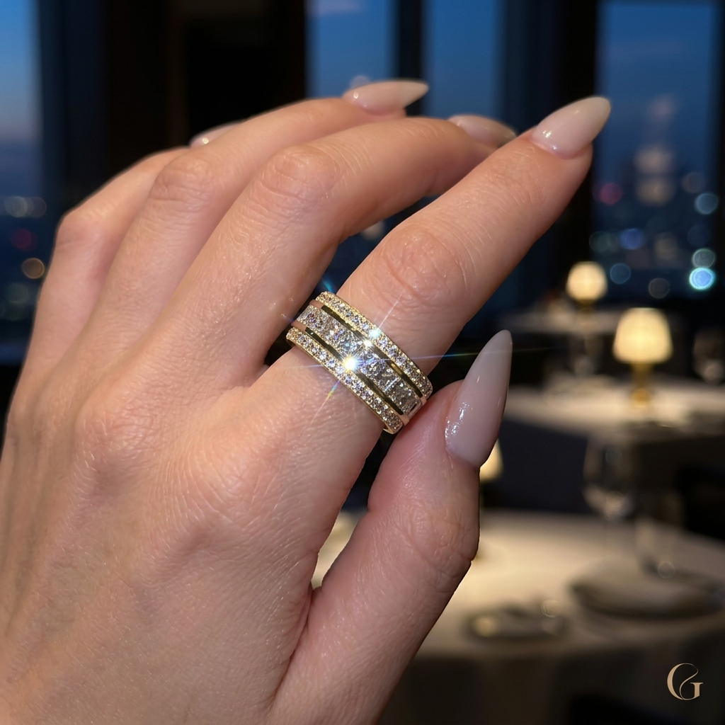 8mm Men’s Diamond Bevelled Edge Band  Channel Set Princess Cut White Stone In Gold Plating