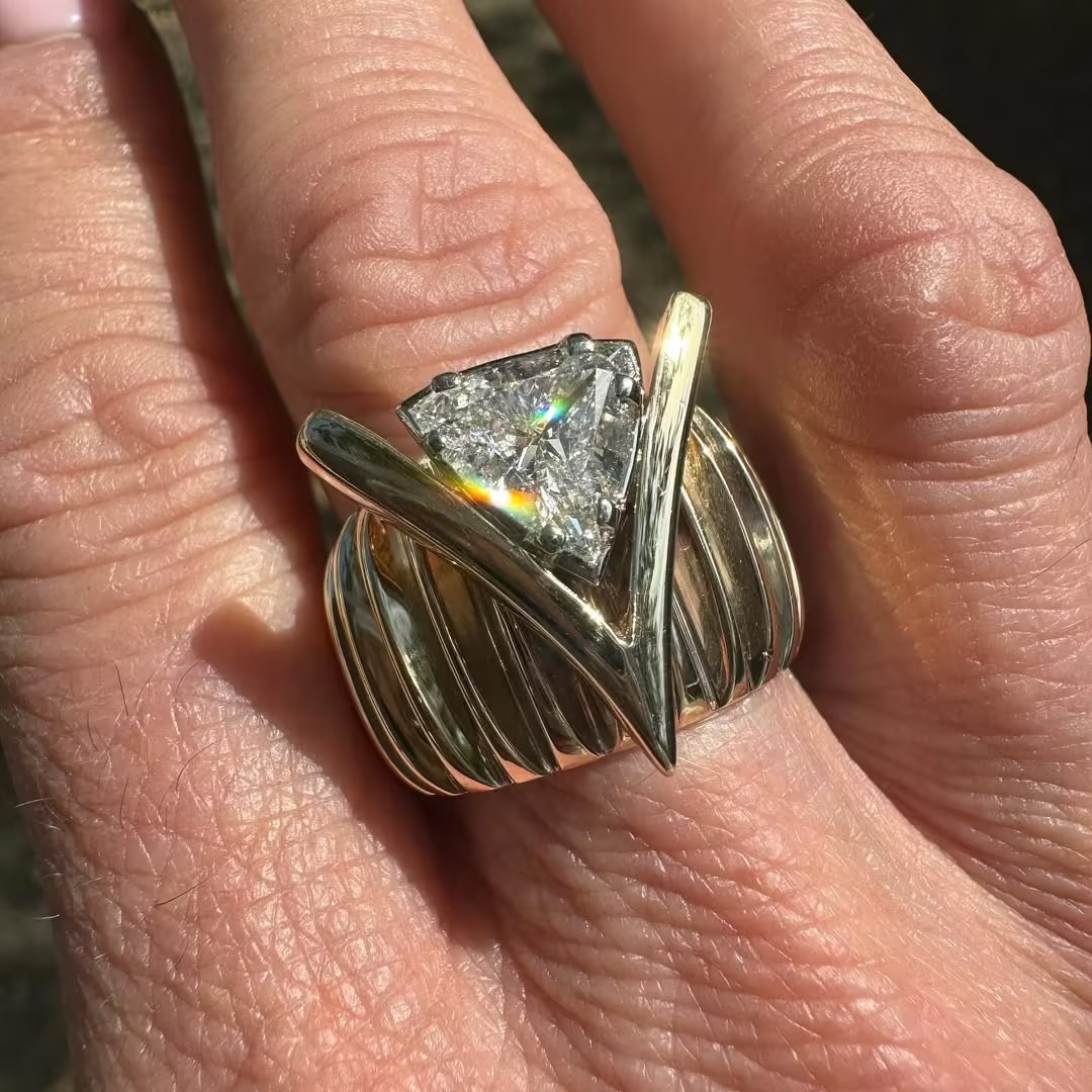 Vintage 1.70 Carat Trillion Cut V Bezel Set Wide Band Ring