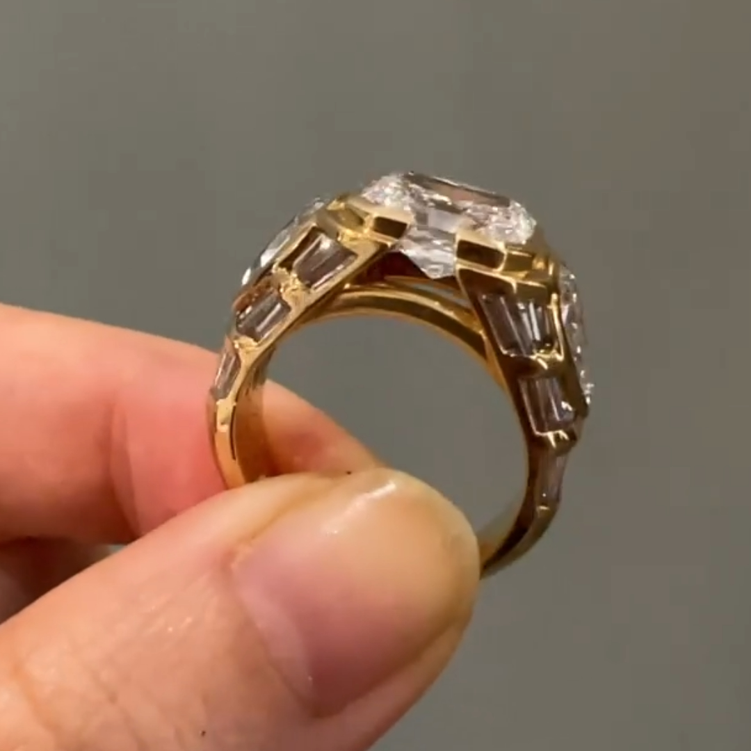 3.11ct Radiant Cut White Stone Ring with Pear Shape Sidestones