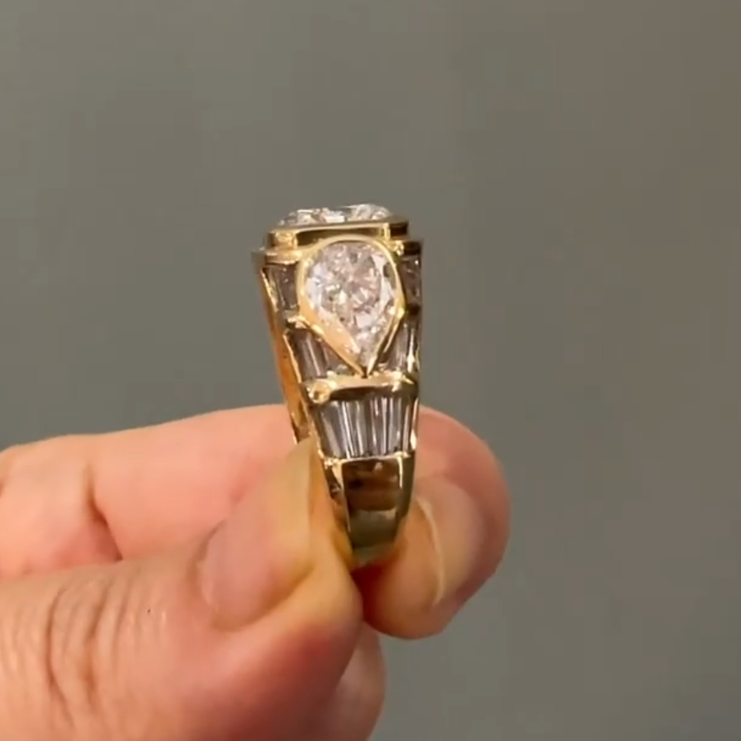 3.11ct Radiant Cut White Stone Ring with Pear Shape Sidestones