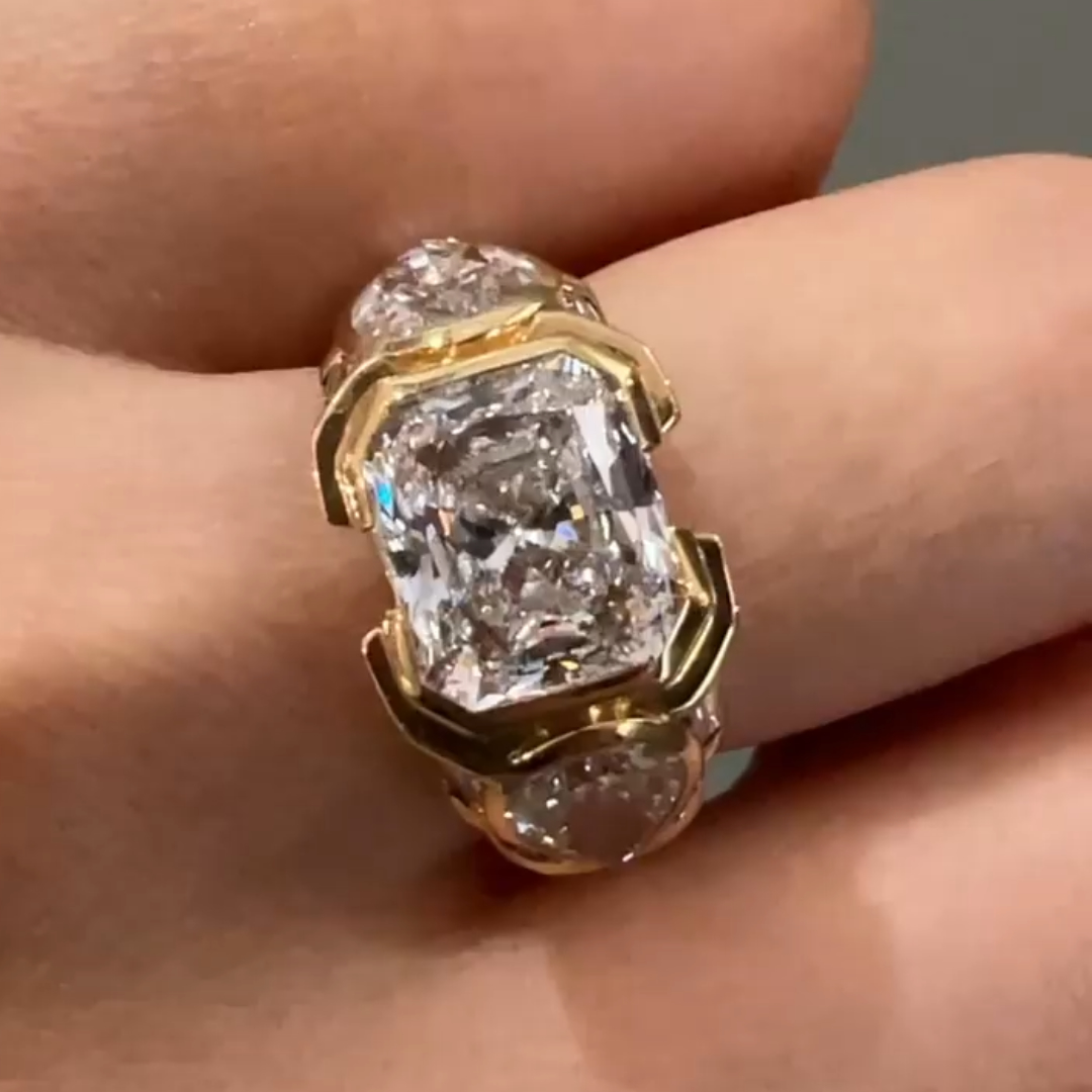 3.11ct Radiant Cut White Stone Ring with Pear Shape Sidestones