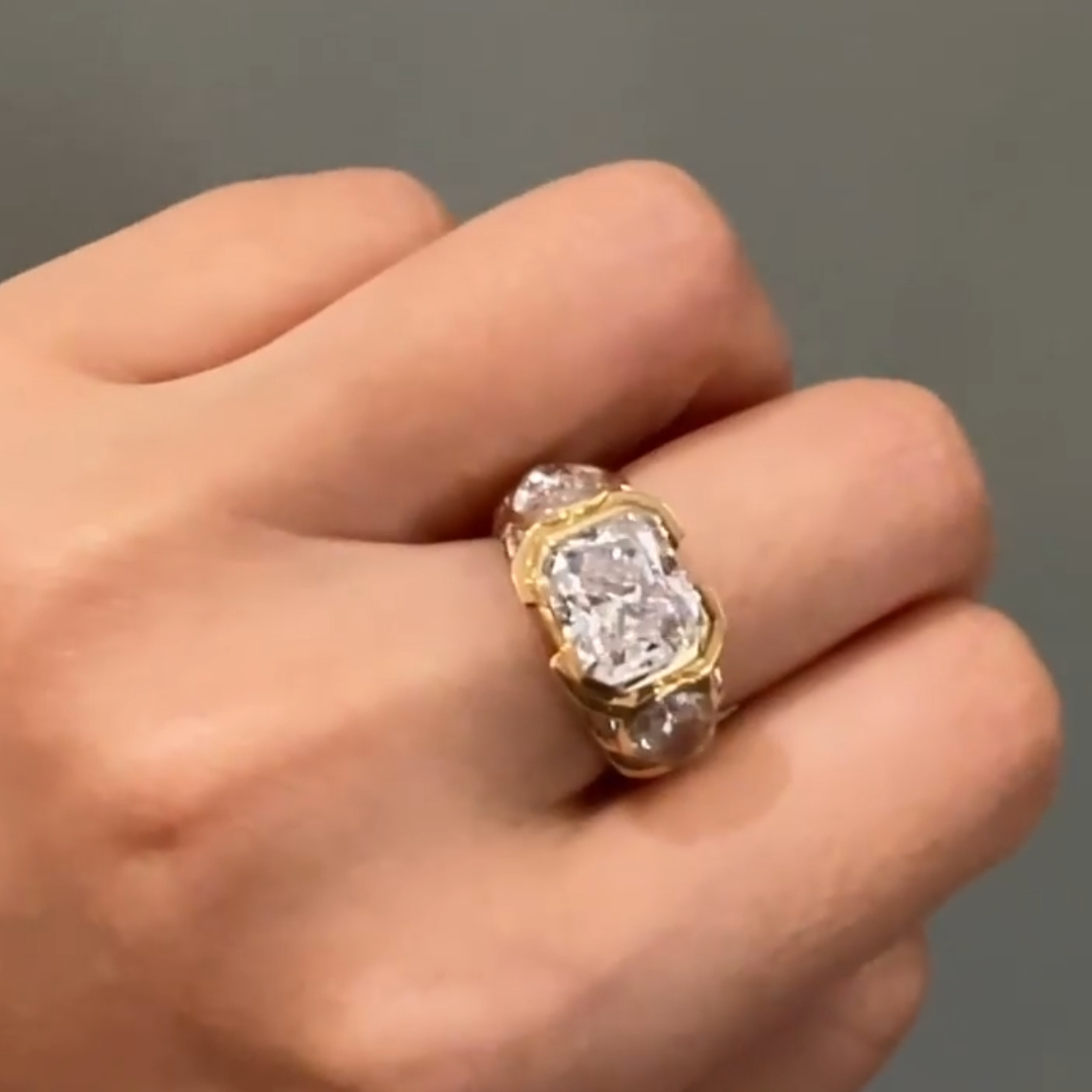3.11ct Radiant Cut White Stone Ring with Pear Shape Sidestones