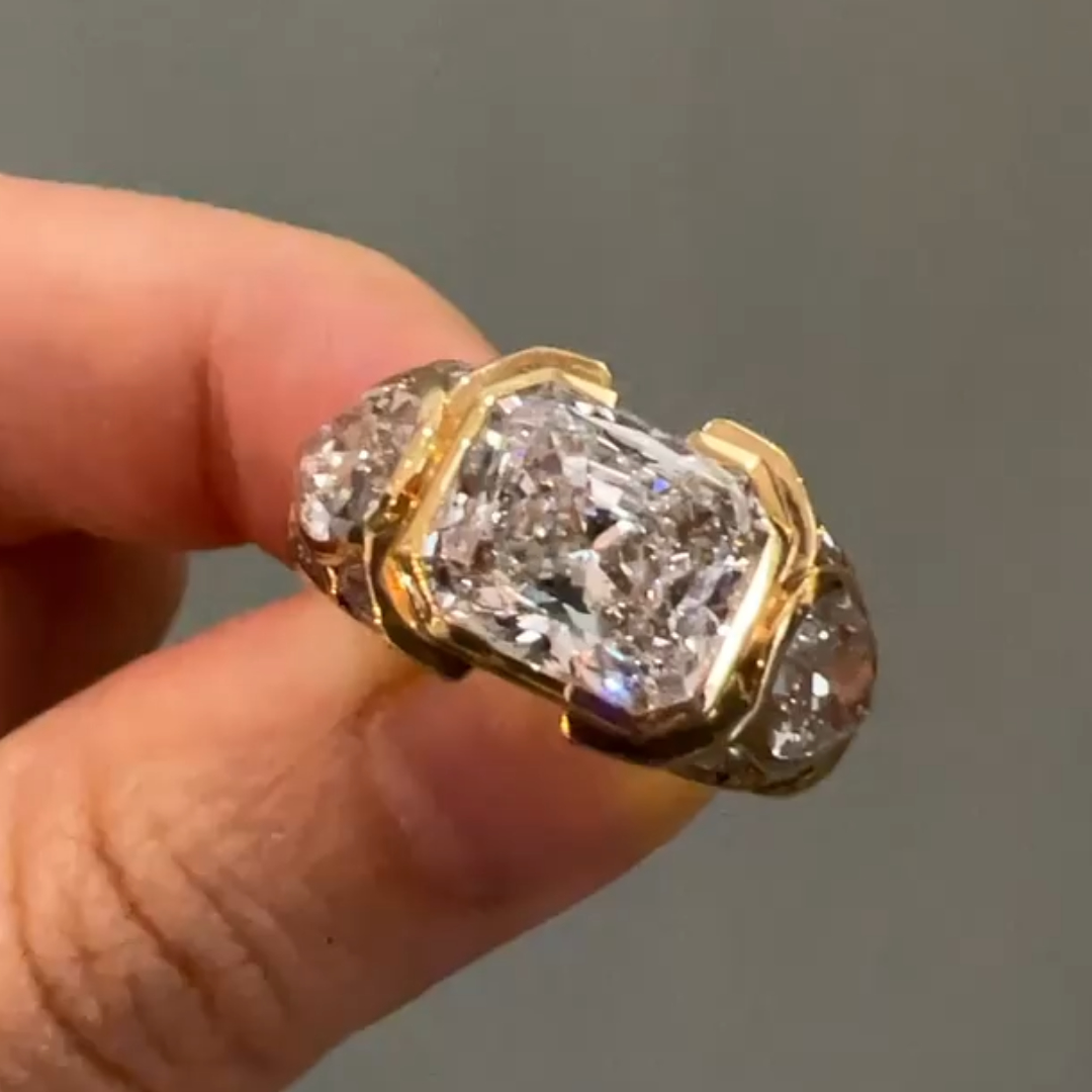 3.11ct Radiant Cut White Stone Ring with Pear Shape Sidestones