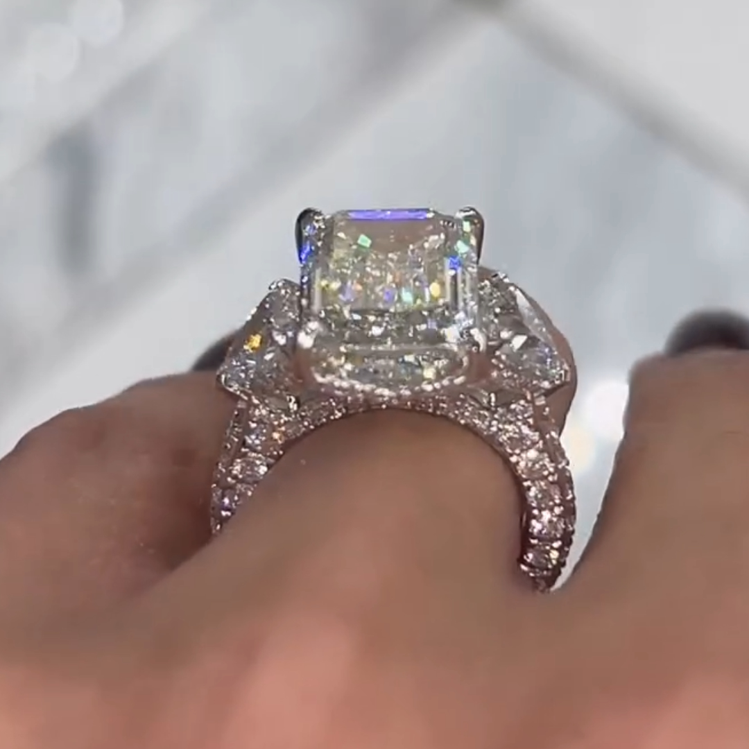 Three-stone Design 7ct Emerald Cut White Stone Ring