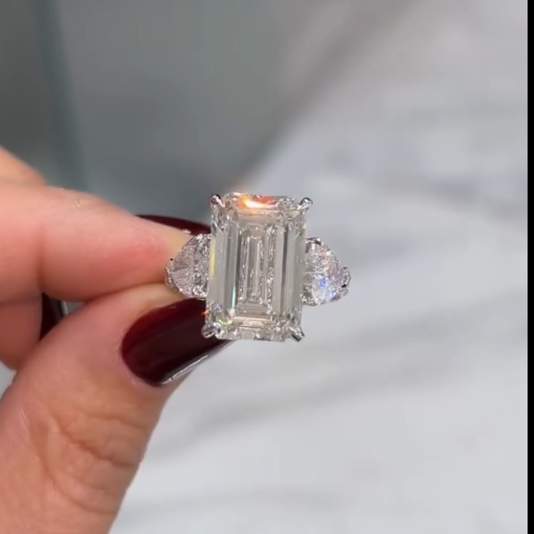 Three-stone Design 7ct Emerald Cut White Stone Ring