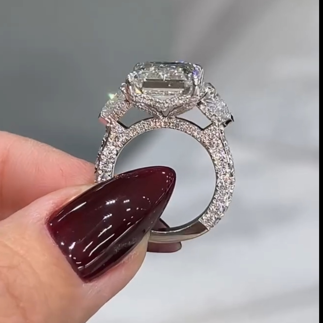 Three-stone Design 7ct Emerald Cut White Stone Ring