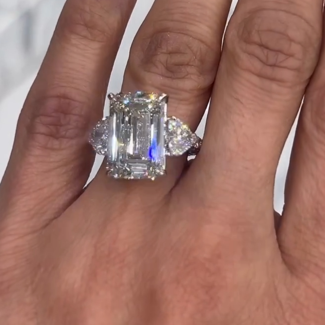 Three-stone Design 7ct Emerald Cut White Stone Ring