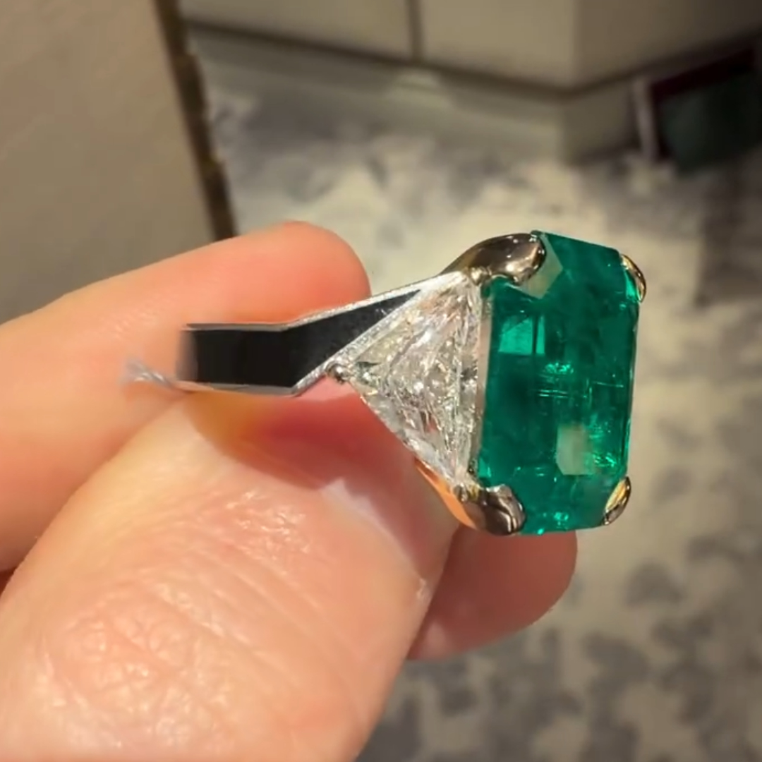 Three-stone Design 9.71ct Colombian Emerald Ring with Two Trillion Cut Stone