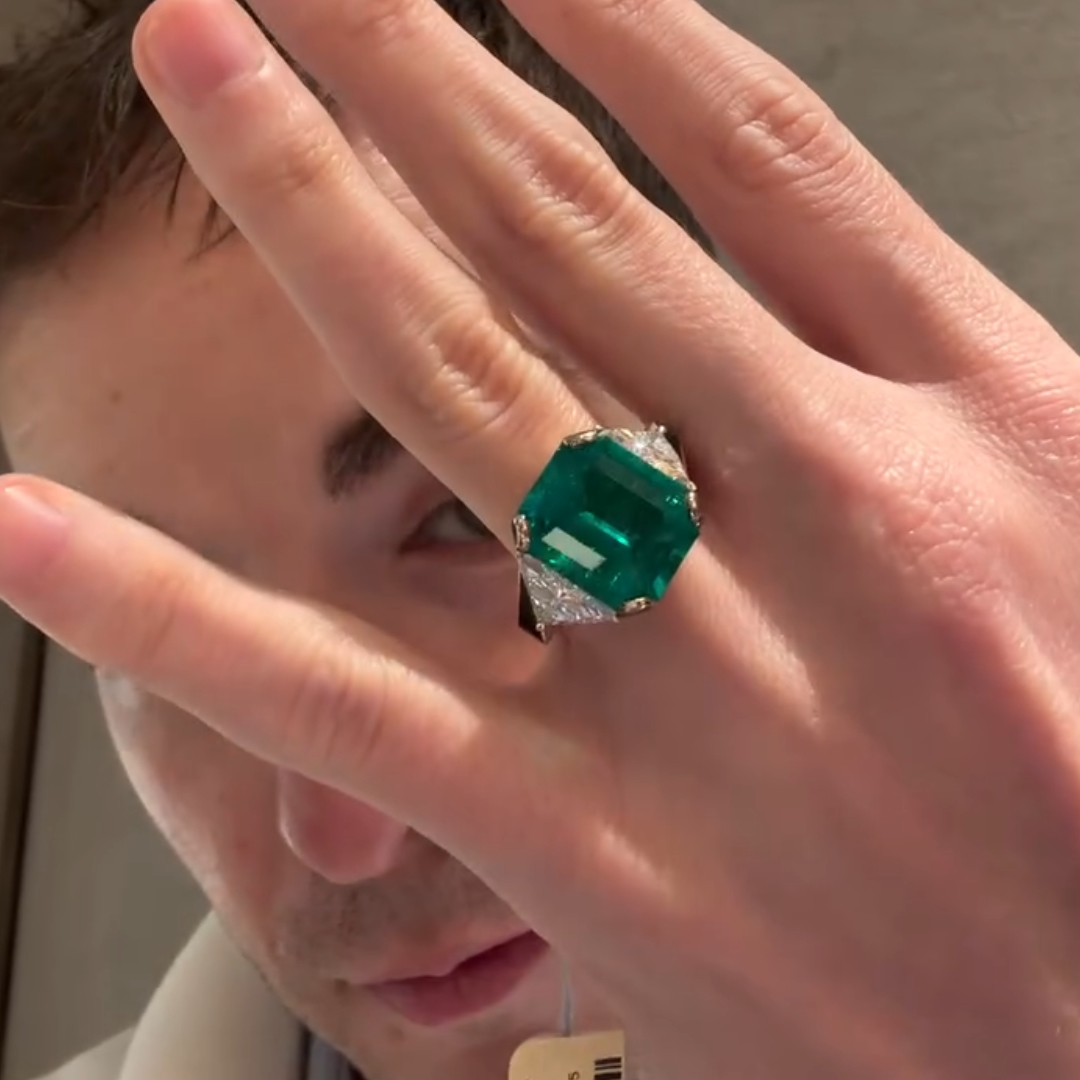 Three-stone Design 9.71ct Colombian Emerald Ring with Two Trillion Cut Stone