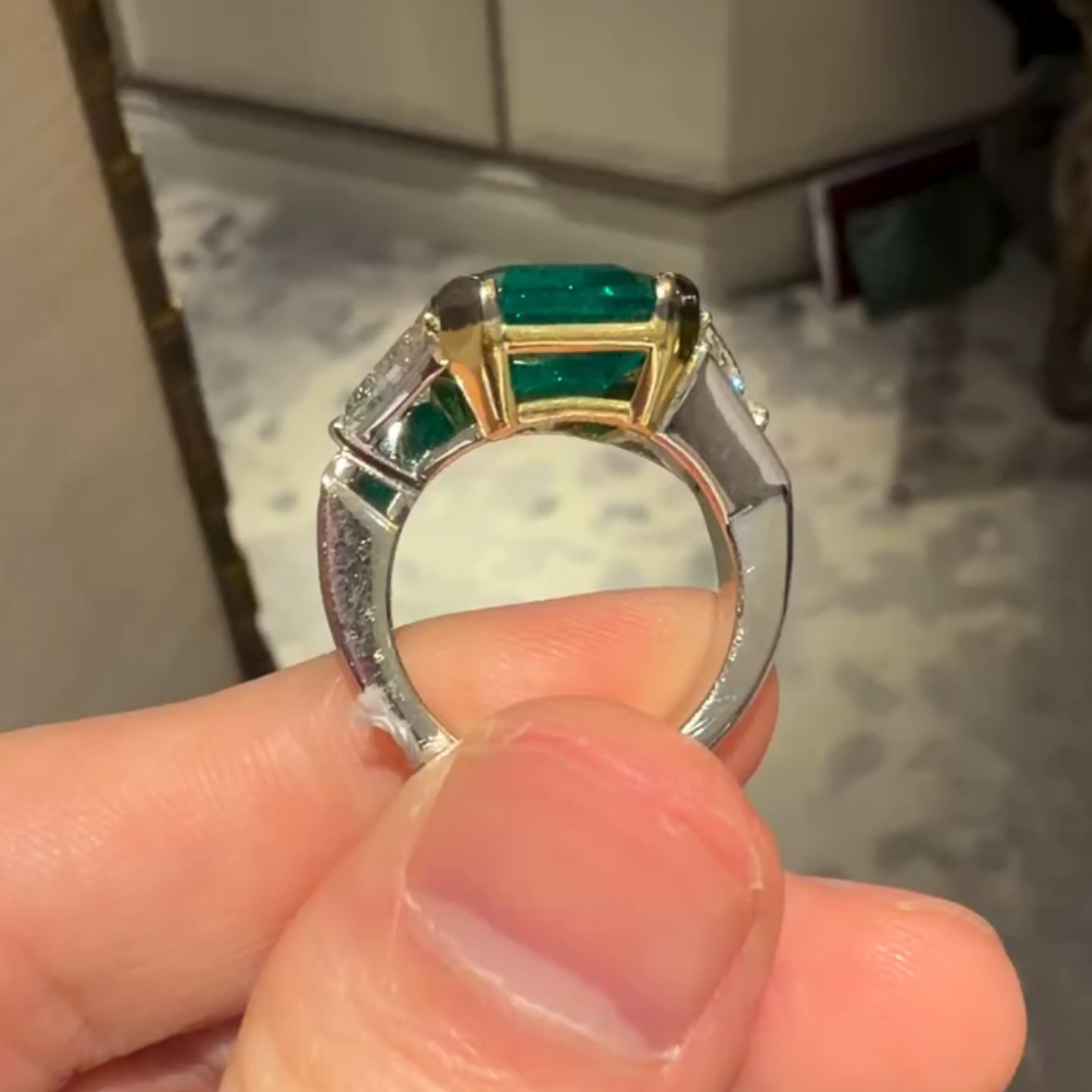 Three-stone Design 9.71ct Colombian Emerald Ring with Two Trillion Cut Stone