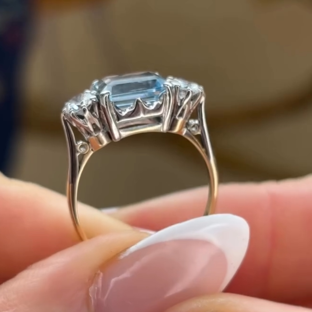 3ct Art Deco Aquamarine Ring in Three-stone