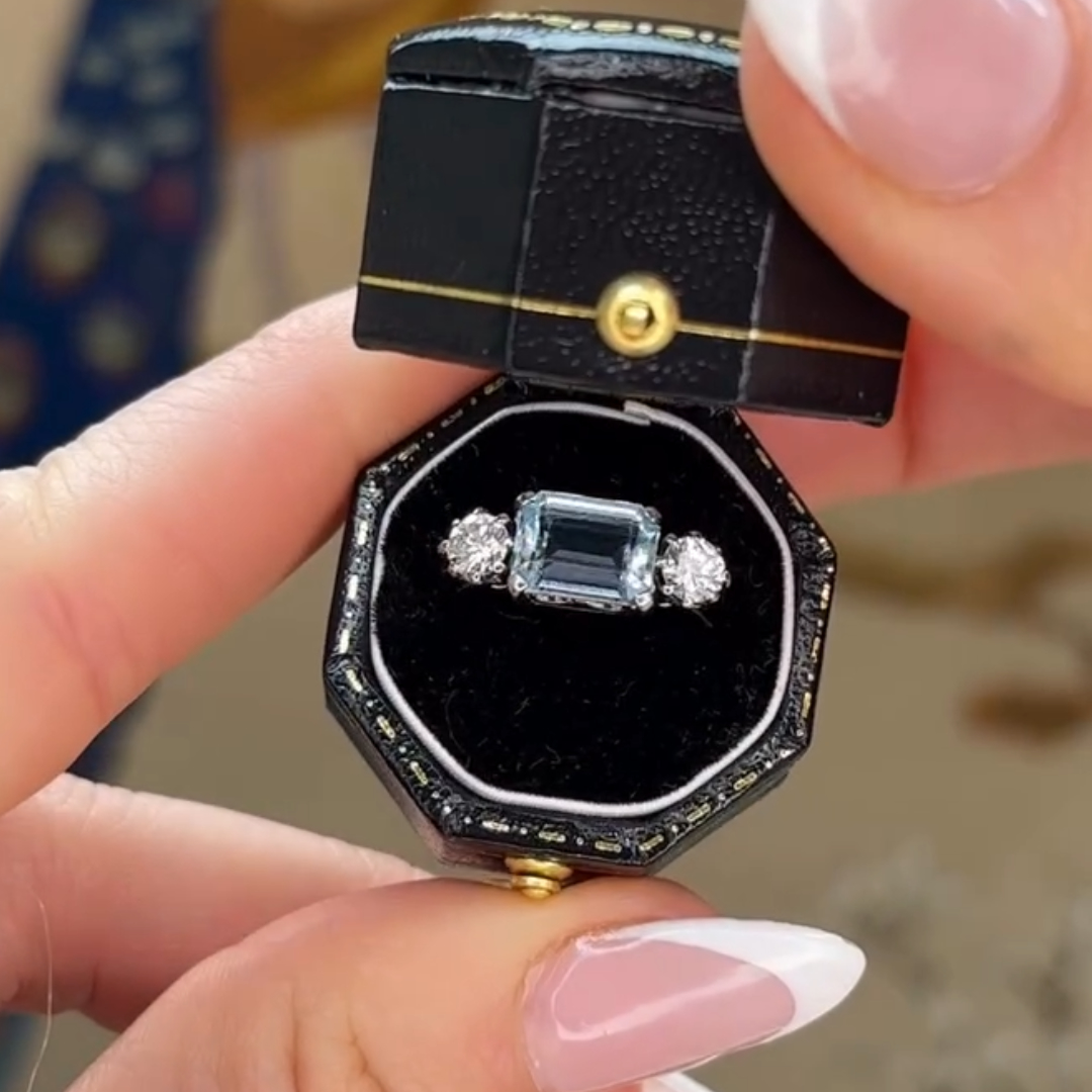 3ct Art Deco Aquamarine Ring in Three-stone