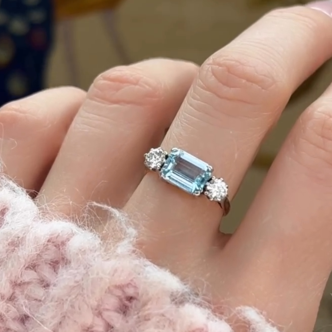 3ct Art Deco Aquamarine Ring in Three-stone