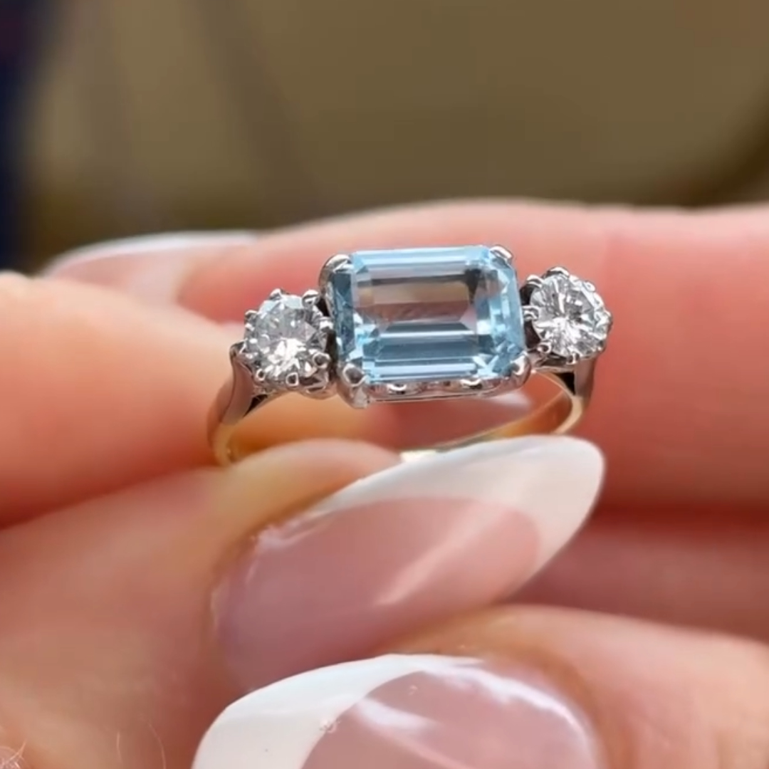 3ct Art Deco Aquamarine Ring in Three-stone