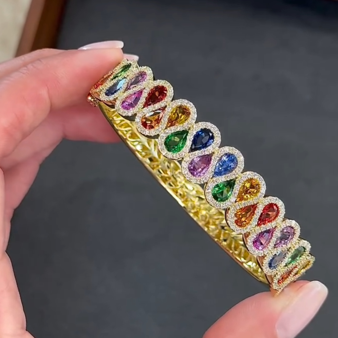 Pear Cut Rainbow Stone Ribbon Bracelet Bangle
