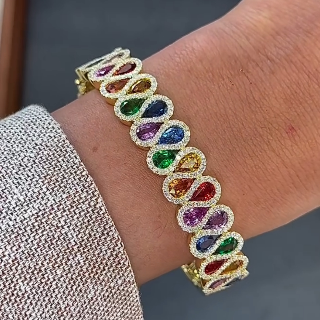Pear Cut Rainbow Stone Ribbon Bracelet Bangle
