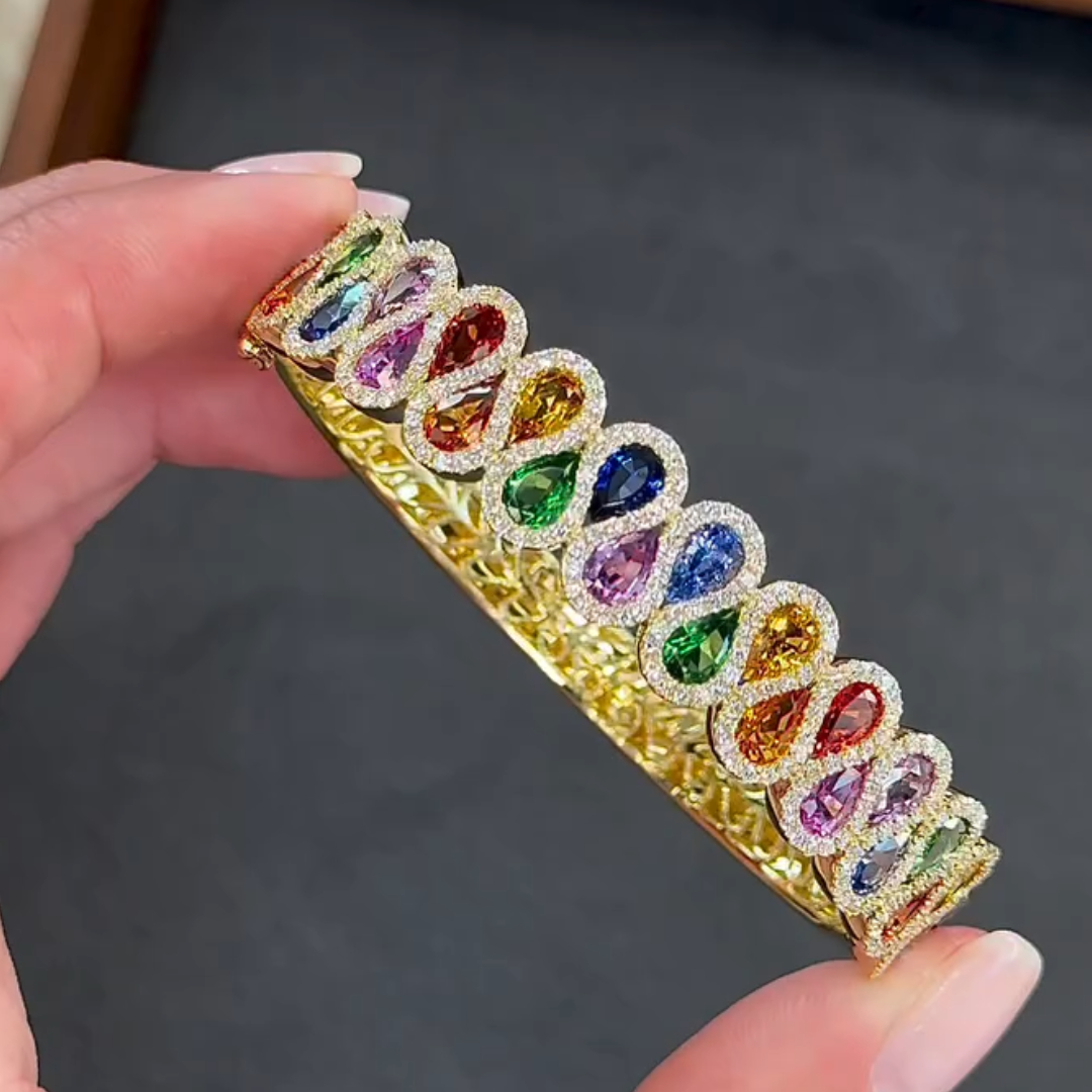 Pear Cut Rainbow Stone Ribbon Bracelet Bangle