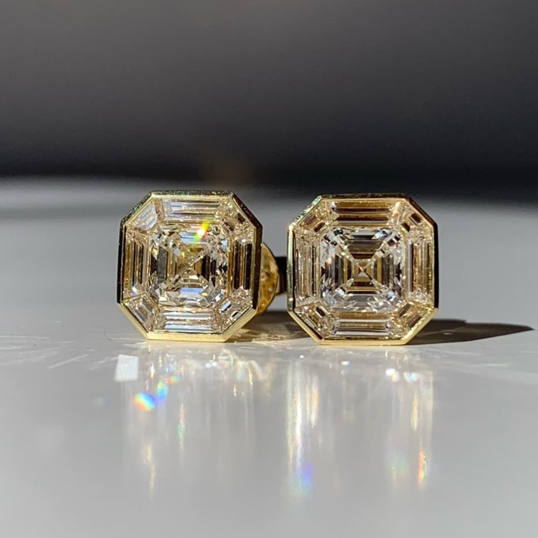4.25ctw Emerald & Asscher Cut White Stone Stud Earring 