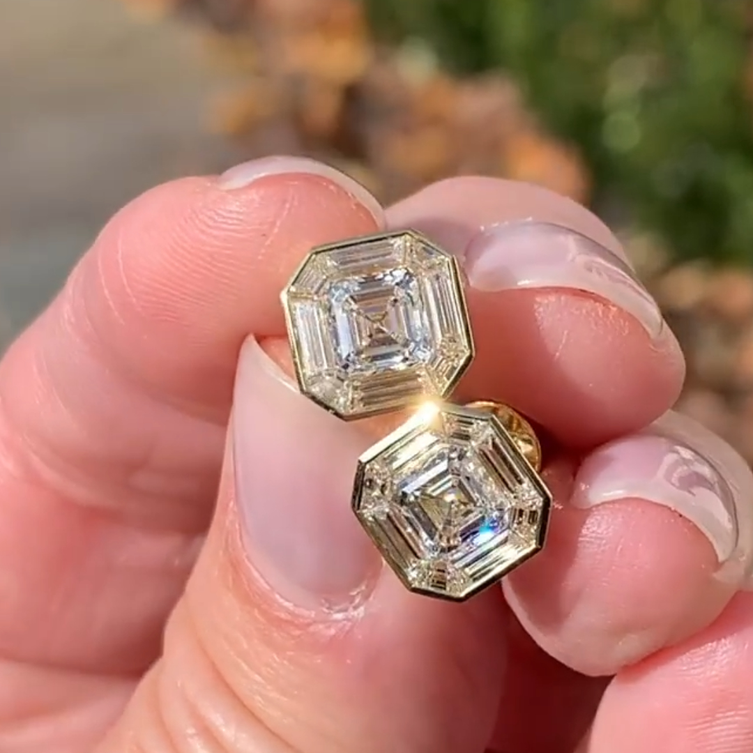 4.25ctw Emerald & Asscher Cut White Stone Stud Earring 
