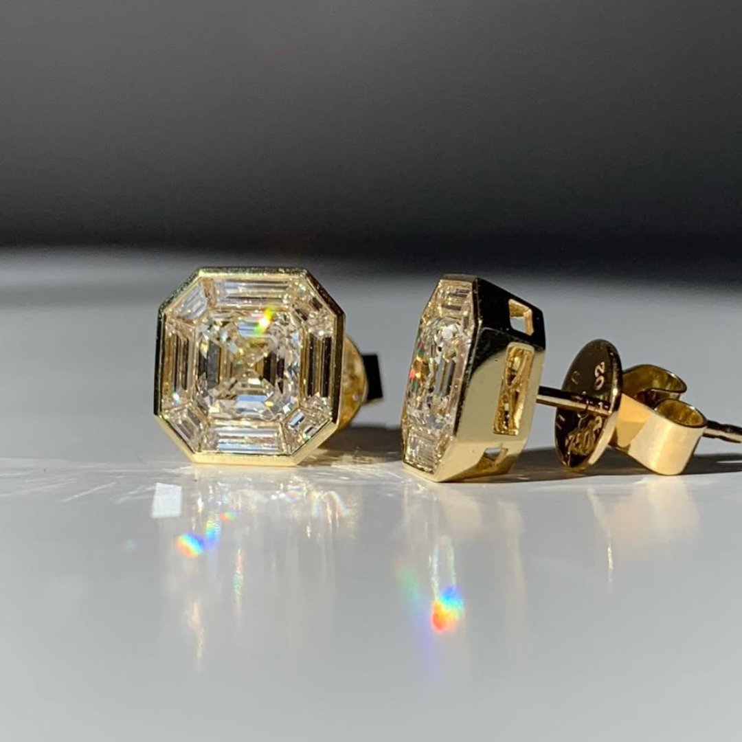 4.25ctw Emerald & Asscher Cut White Stone Stud Earring 