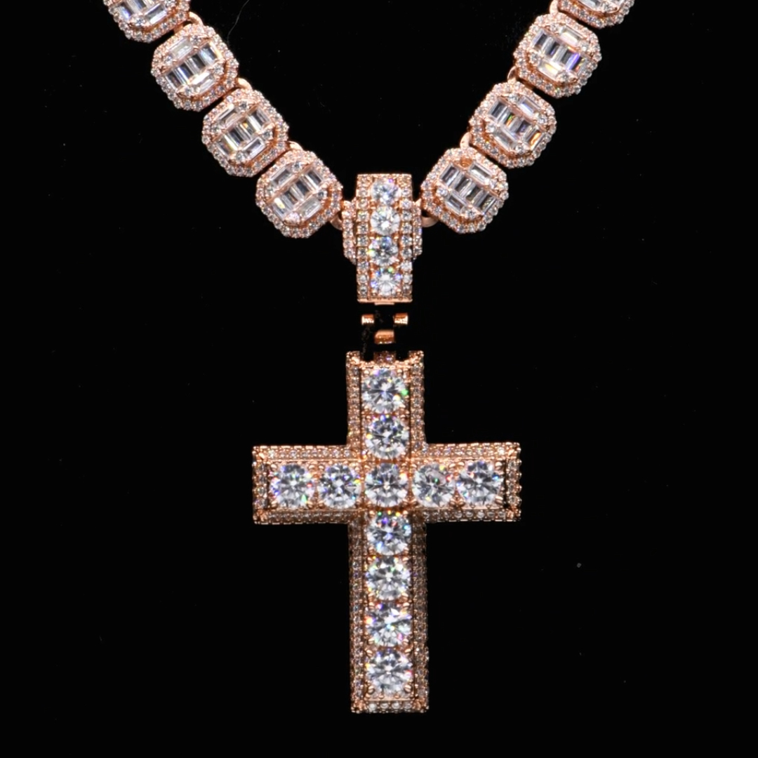  Round Brilliant White Stone Cross Pendant in Rose Gold Tone