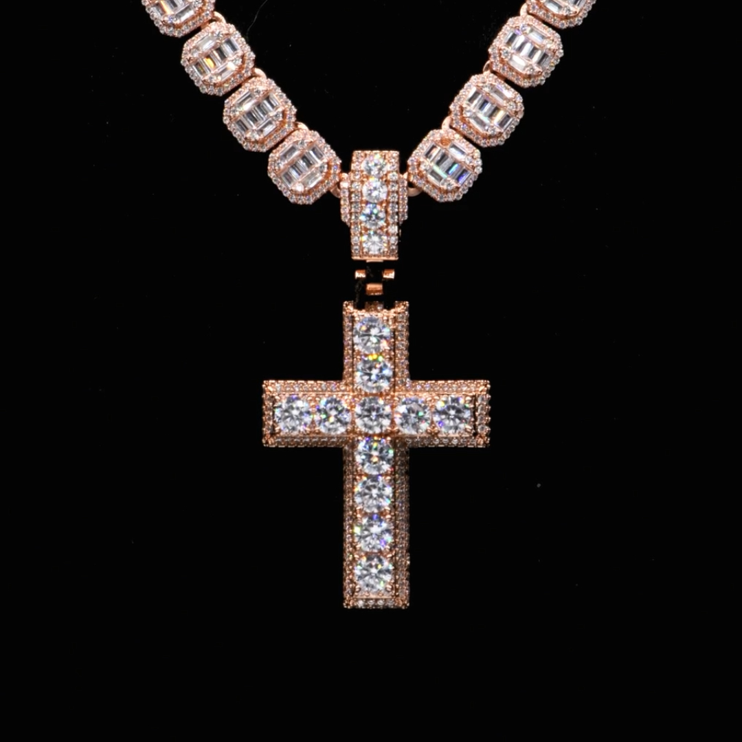  Round Brilliant White Stone Cross Pendant in Rose Gold Tone