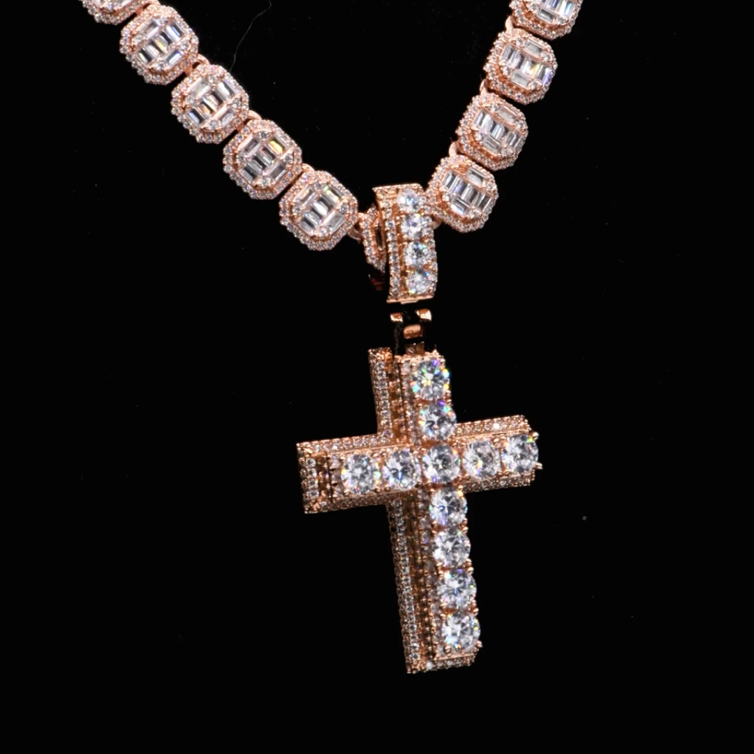  Round Brilliant White Stone Cross Pendant in Rose Gold Tone