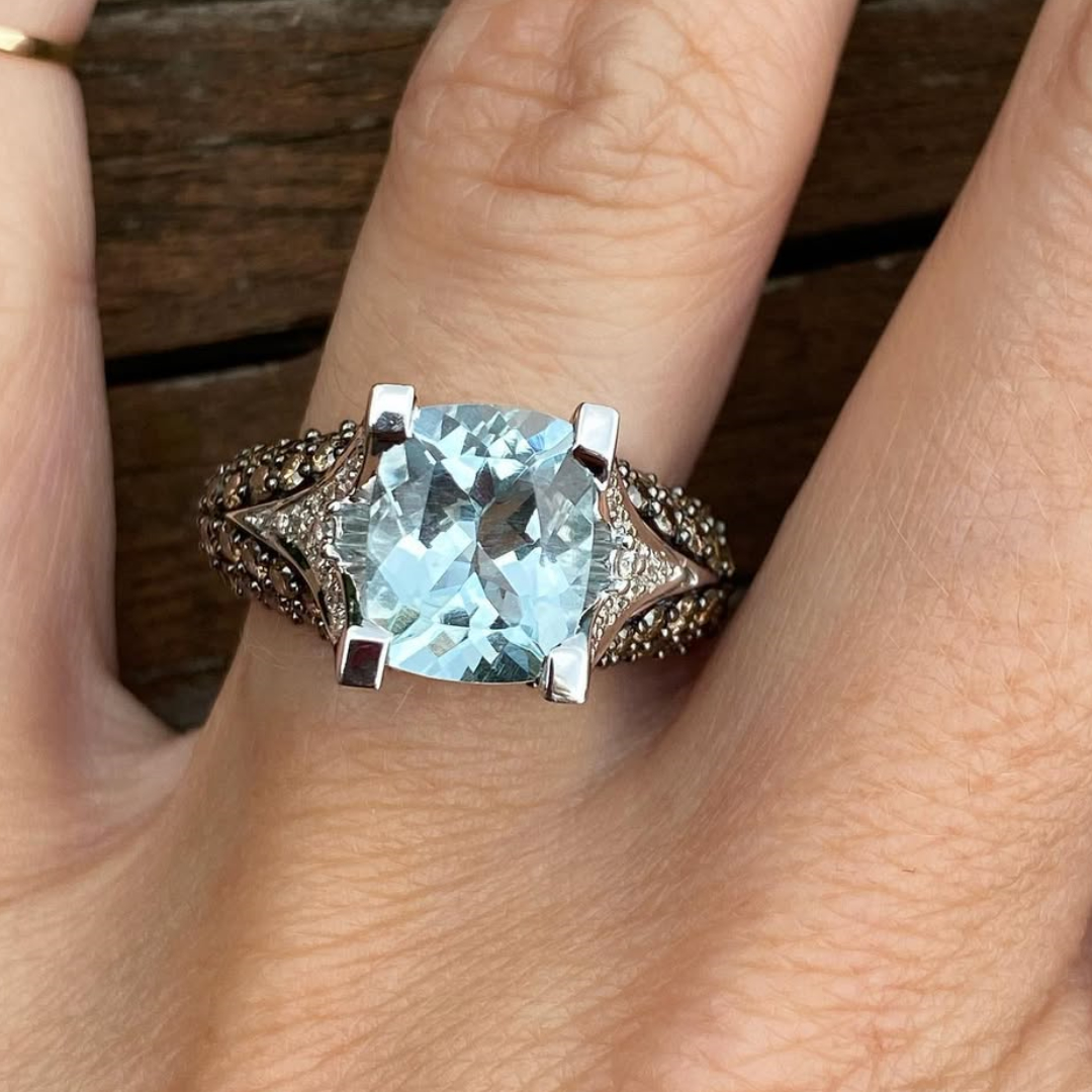 3ct Aquamarine Blue Ring with Chocolate Color Stone