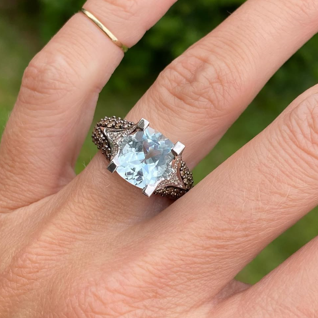 3ct Aquamarine Blue Ring with Chocolate Color Stone