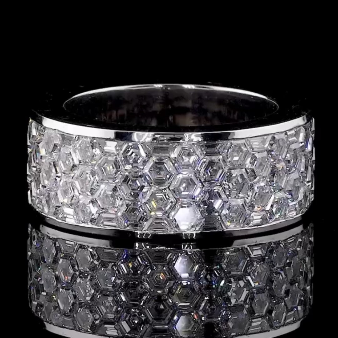 Invisible Setting Hexagon White Stone Wedding Band 