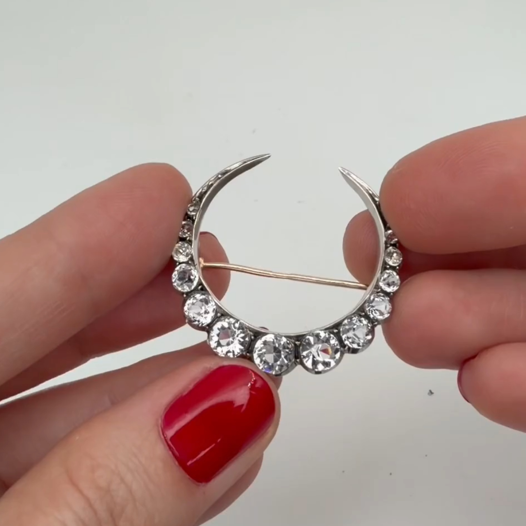  14 Karat Gold Silver Clear Paste Crescent Moon Pin Brooch