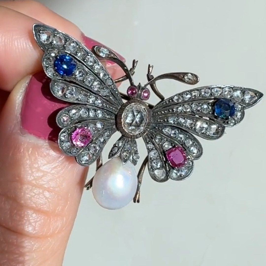 Antique Silver Rose Cut white Stone Ruby Butterfly Pin