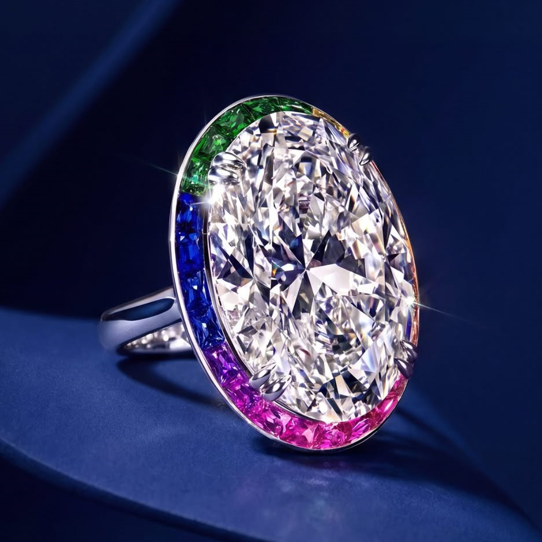 10ct Rainbow Halo Oval Stone Ring