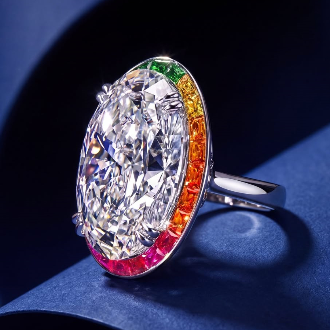 10ct Rainbow Halo Oval Stone Ring