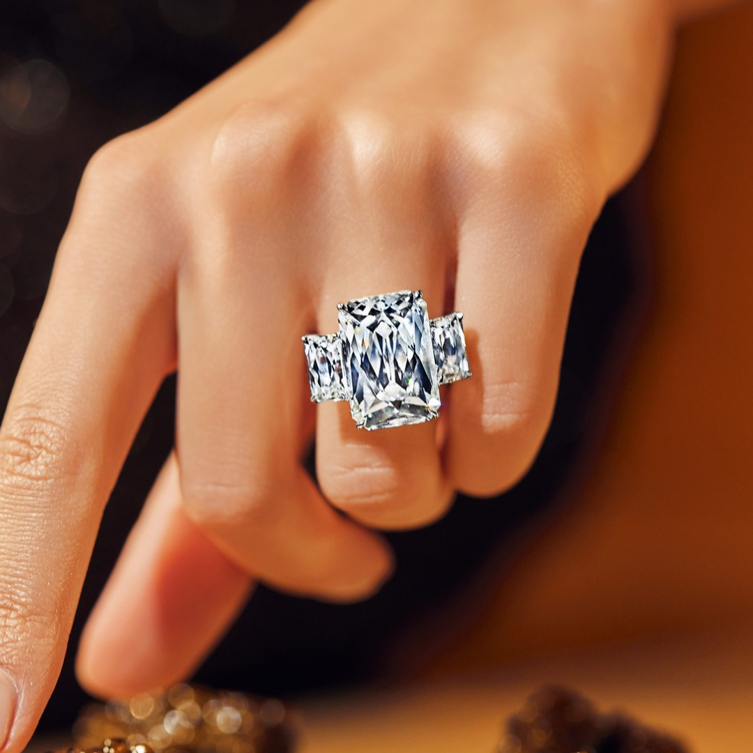10ct Three-stone Design  Radiant Cut  White Stone Ring