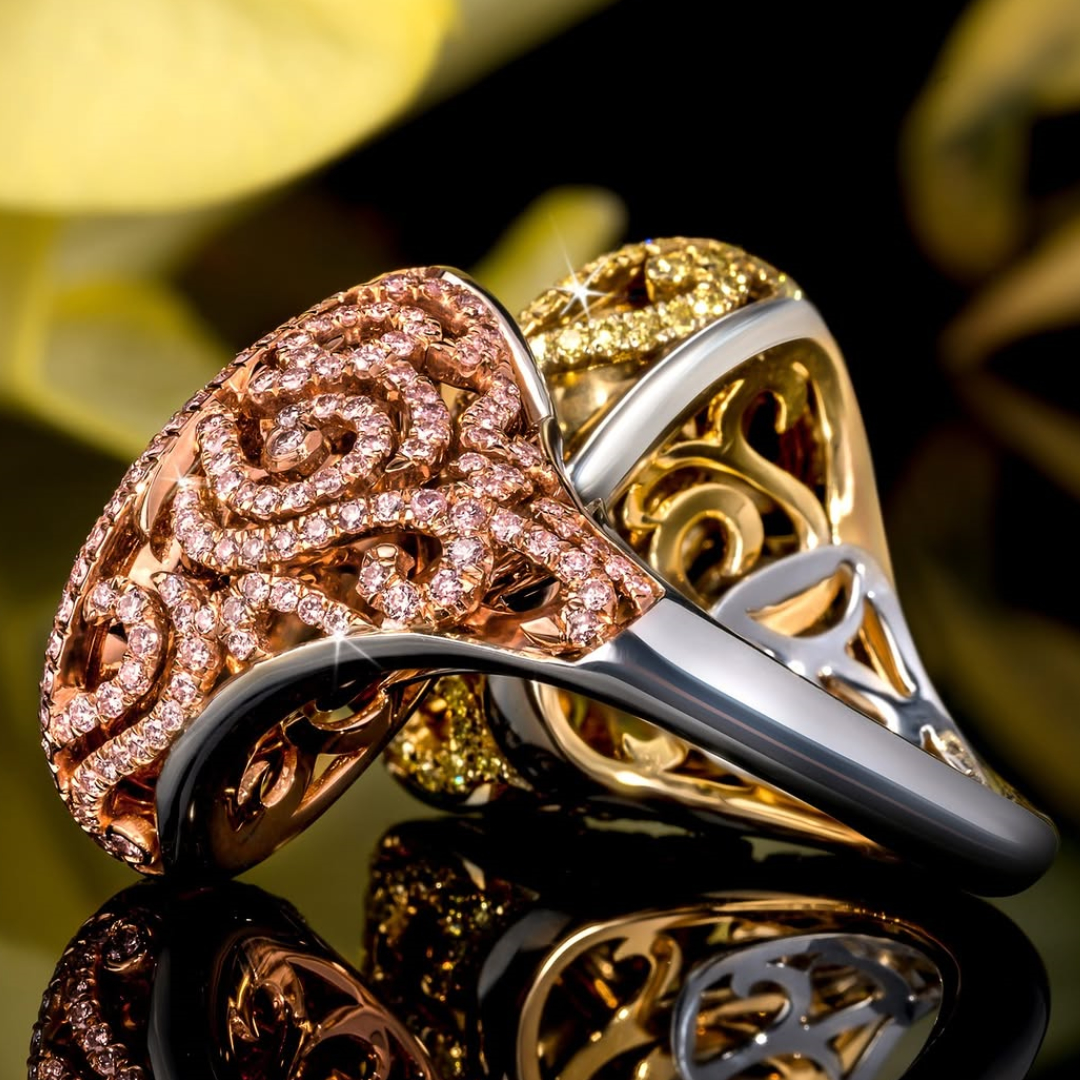 6.0CT Yellow And Pink Color Separation Double Pear Cut Diamonds Ring