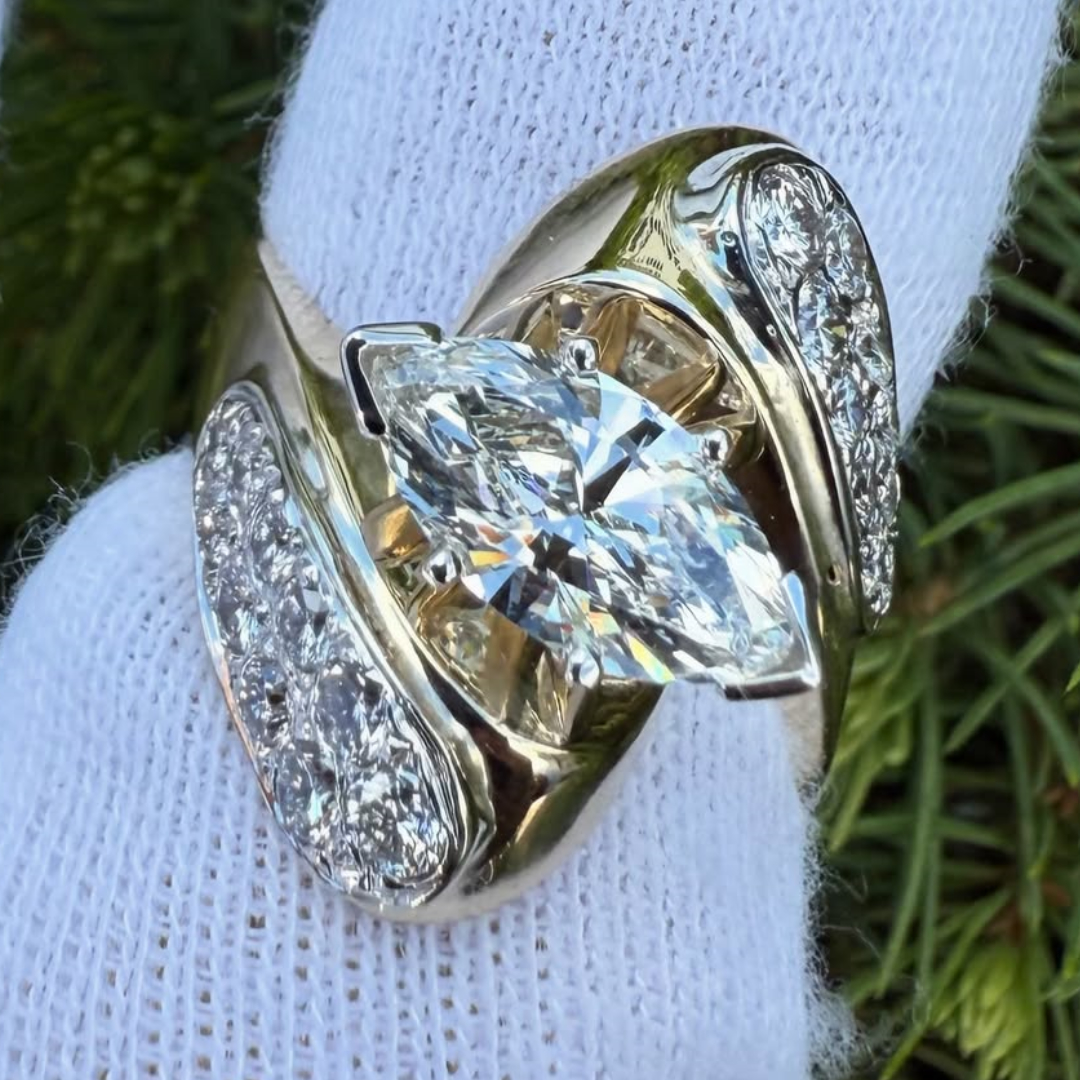 Swirl Design 1.29ct Marquise Cut White Stone Statement Ring