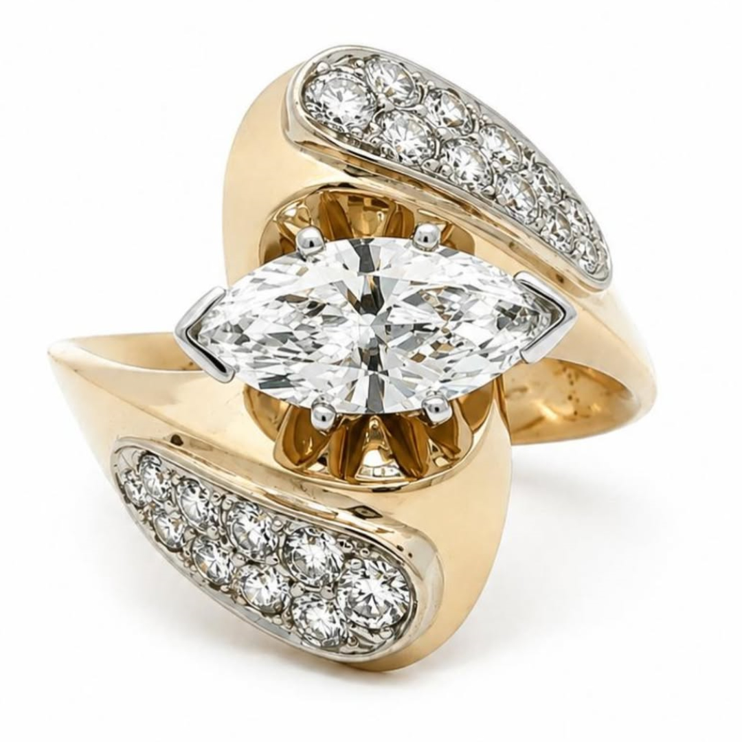 Swirl Design 1.29ct Marquise Cut White Stone Statement Ring