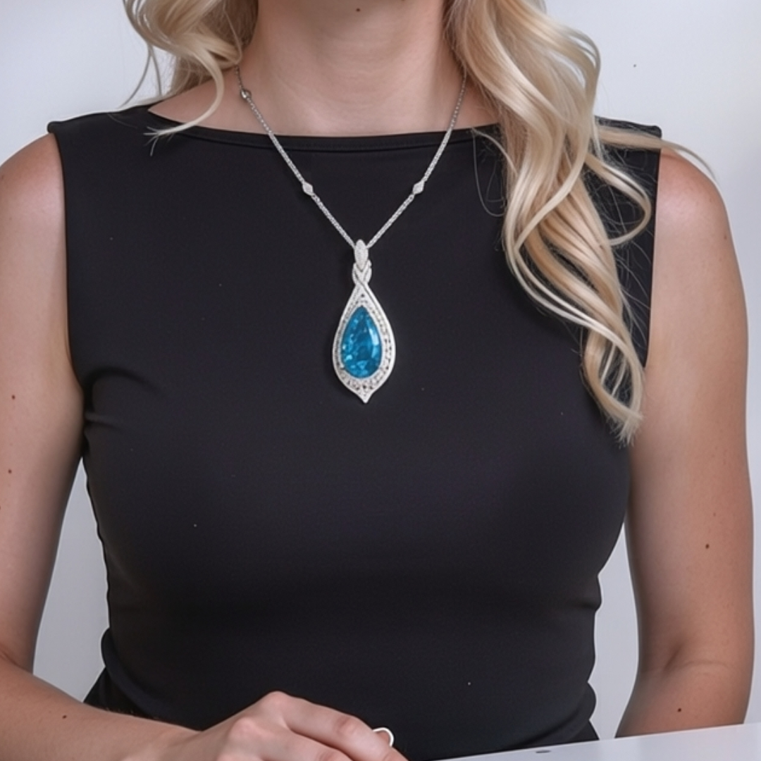 60ct Pear Cut Aquamarine Pave Set Halo Handmade Pendant Necklace