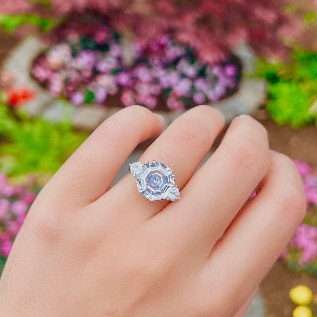 5 Carat Three Stone Design Hexagon Asscher Cut White Stone Promise Ring