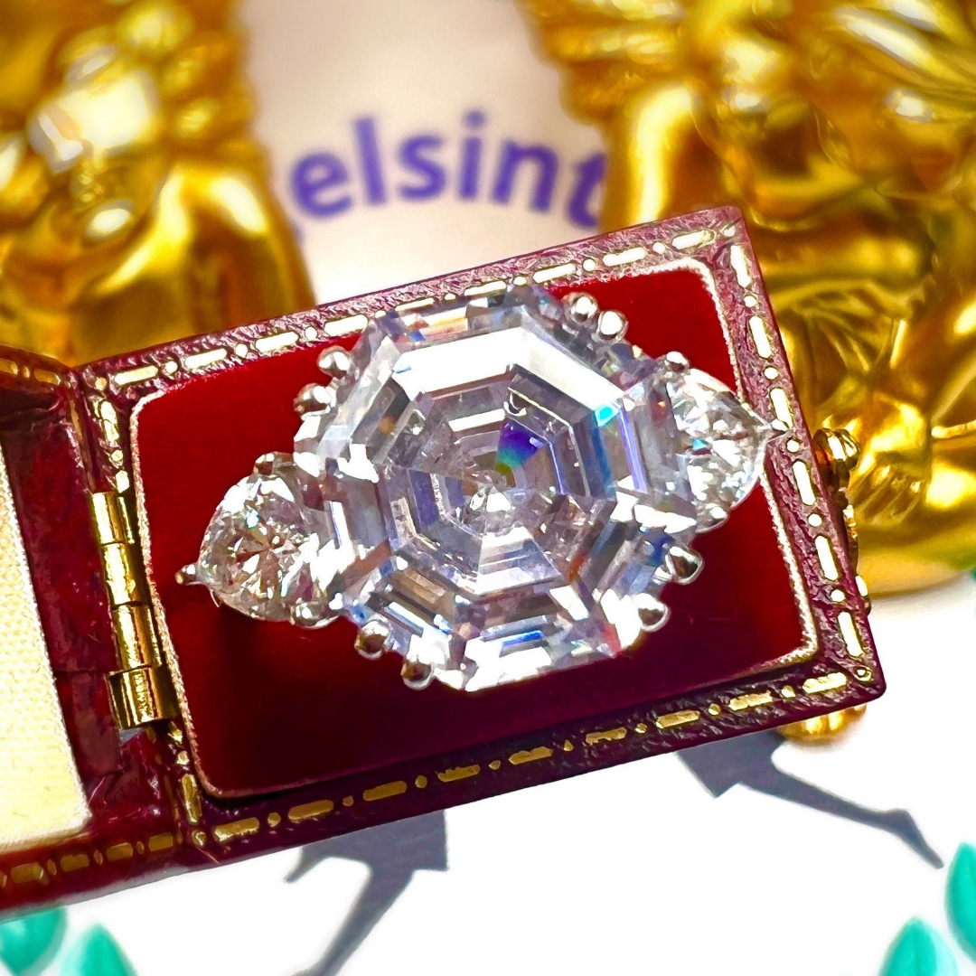 5 Carat Three Stone Design Hexagon Asscher Cut White Stone Promise Ring