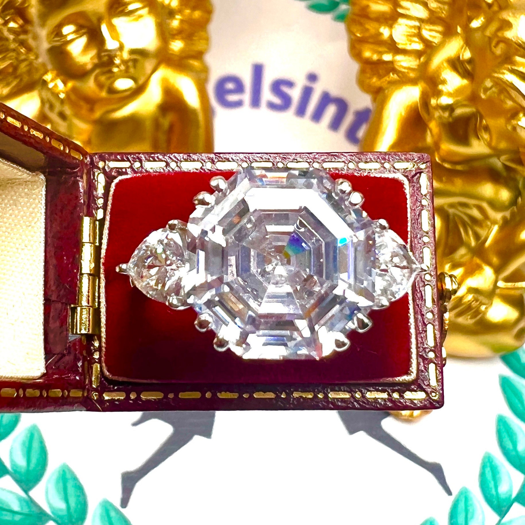 5 Carat Three Stone Design Hexagon Asscher Cut White Stone Promise Ring