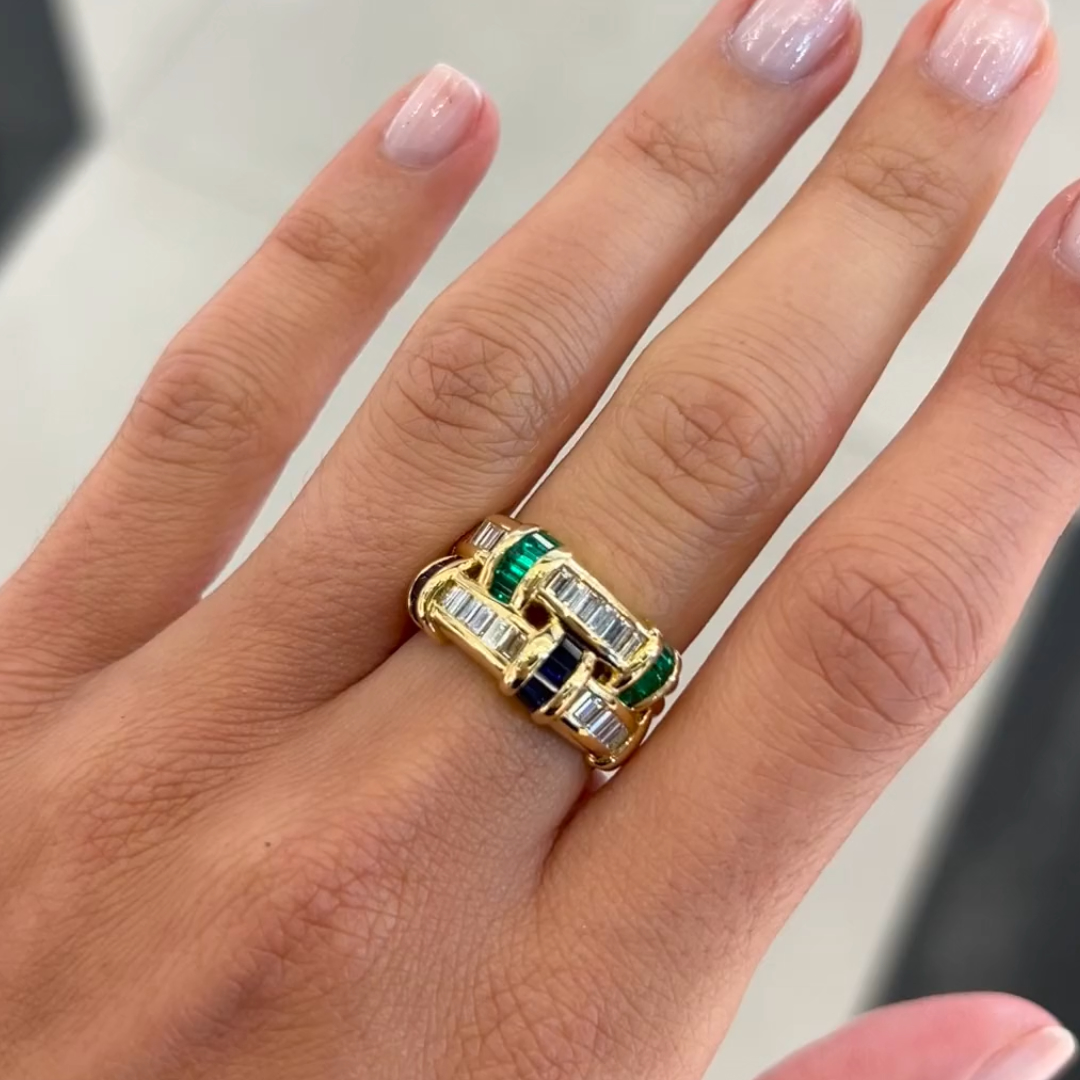 Baguette Cut Emerald & Blue & White Sapphire Basket Weave Ring