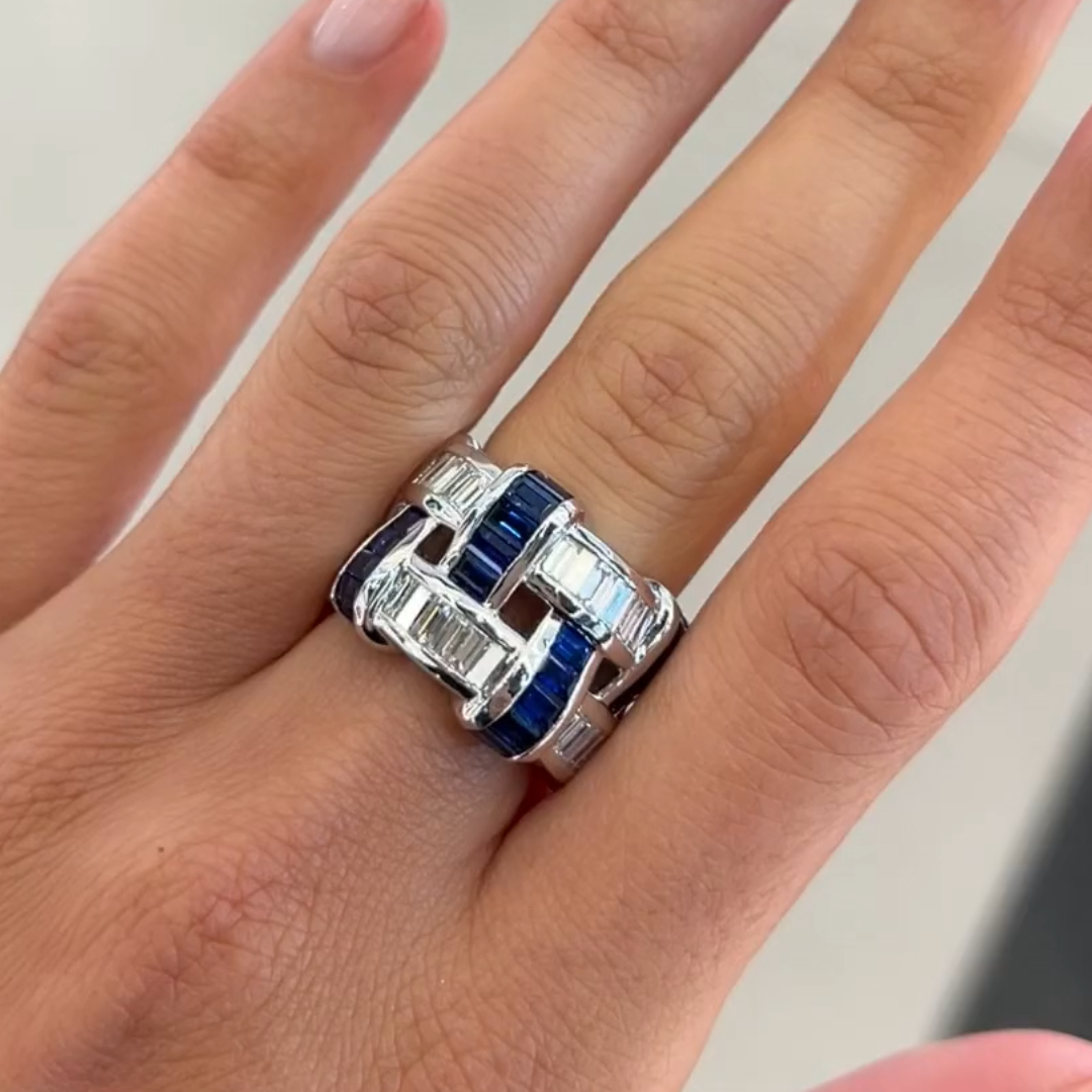5.25ctw Basket Weave Design Sapphire & White Stone Ring