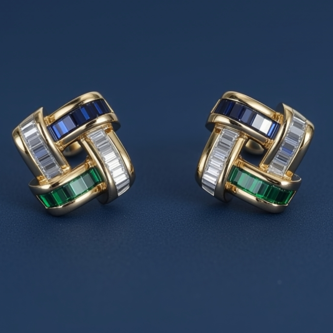 Double-tone Stone Basket Weave Stud Earring