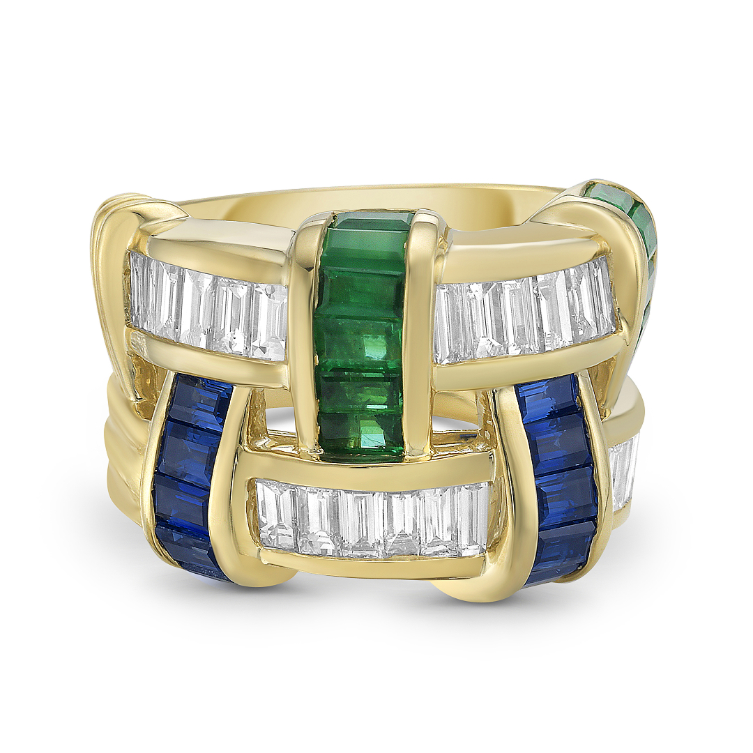 Baguette Cut Emerald & Blue & White Sapphire Basket Weave Ring