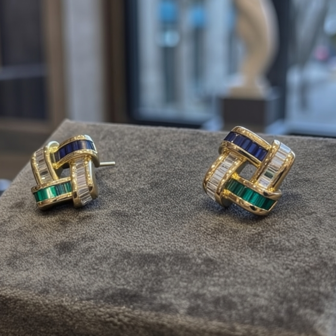 Double-tone Stone Basket Weave Stud Earring