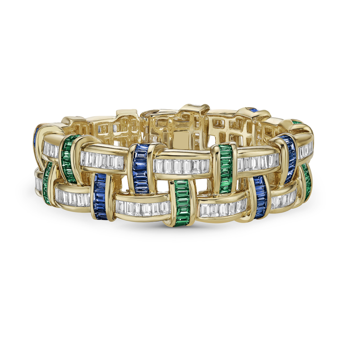 12.30CT Sapphire And Emerald Wide 18 Karat Bracelet
