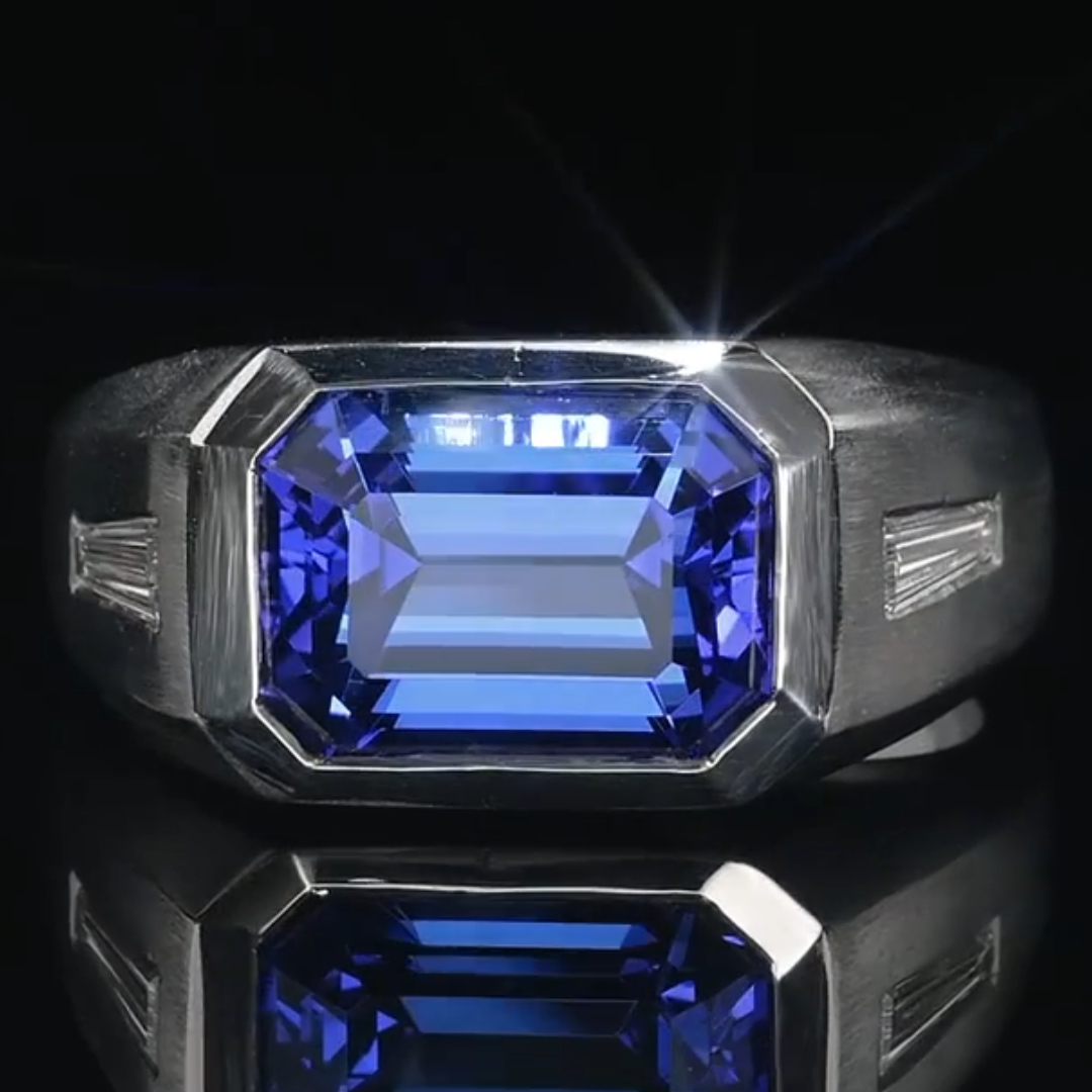 6.58 Carat Tanzanite Blue Emerald Cut Ring with Tapered Baguette Stone